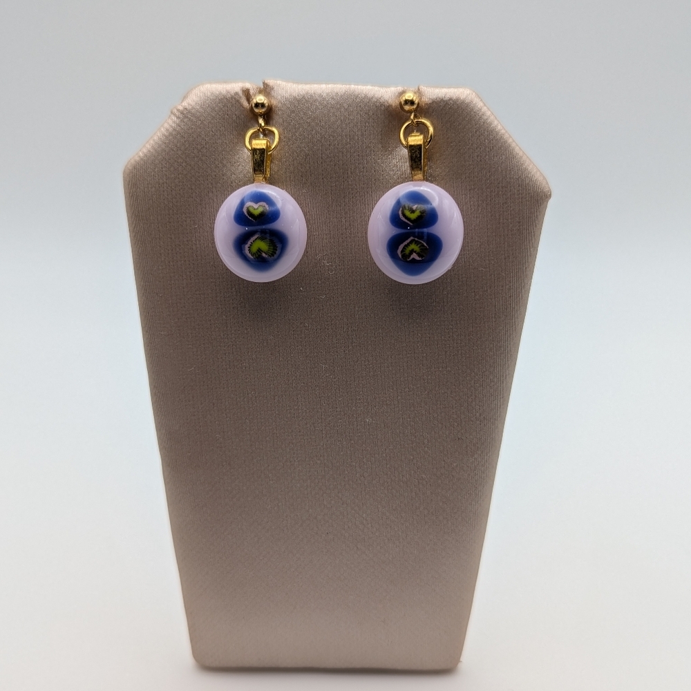 Artisan handmade Fused glass pink and blue dangling earrings. artisan made. gold